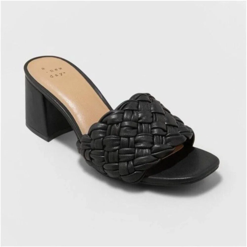 A New Day Womens Dorothy Slide Sandals Black Wedge Basketweave - Picture 1 of 10